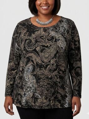 LIZ & ME Black Cotton Paisley Print Long Sleeve Top with Sheer Sleeves size 4X